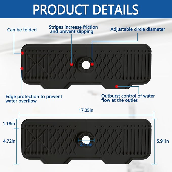 Kitchen Sink Accessories -17" x 6'' Sink Splash Guard, Silicone Sink Mat Splash - Image 2