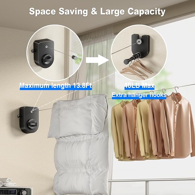MUSTORN Retractable Clothesline Indoor, Non-Sagging Outdoor Clothes Line - Image 2