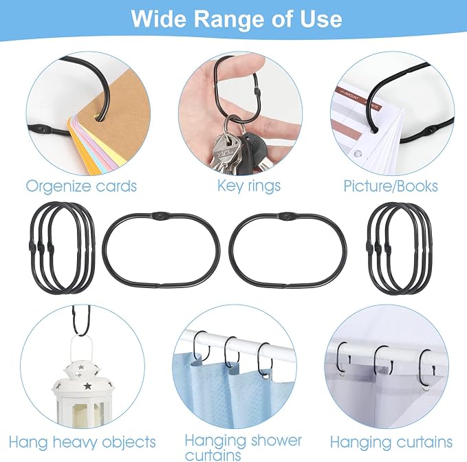 Shower Curtain Rings, Metal Black Shower Curtain Hooks, Oval Snap Shower Rings - Image 6