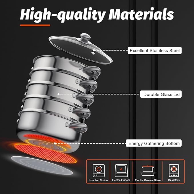 5 Tier Stainless Steel Steamer Pots Stackable Pan Steamer Cooking Pots Steam Canner with Lid Cookware Steaming Pots for Kitcken (30CM)