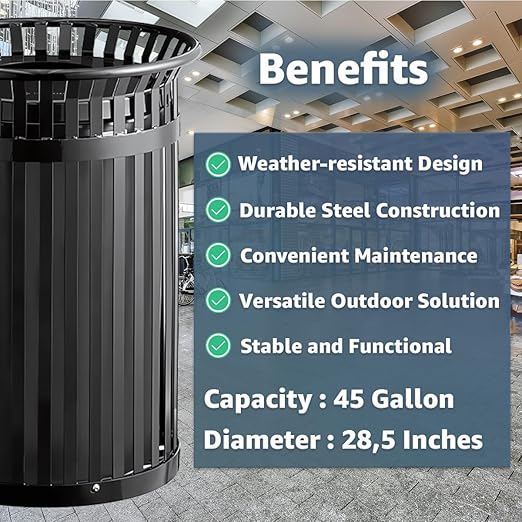 45 Gallon Black Trash Can with Flat Lid, Outdoor Heavy-Duty Commercial Waste Bin Steel Slatted, Round Recycle Container, Durable Garbage Can for Parks, Municipalities, Schools, Parking