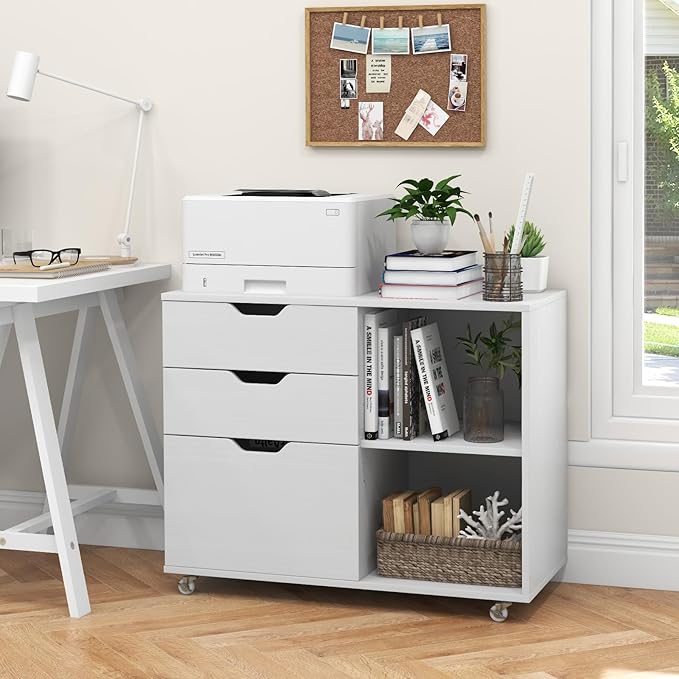 File Cabinet, Mobile Filing Cabinet w/Universal Wheels & 3 Drawers, Wood Printer Stand with Storage, Rolling File Cabinets for Home Office, Living Room, Bedroom (White, 3 Drawers)