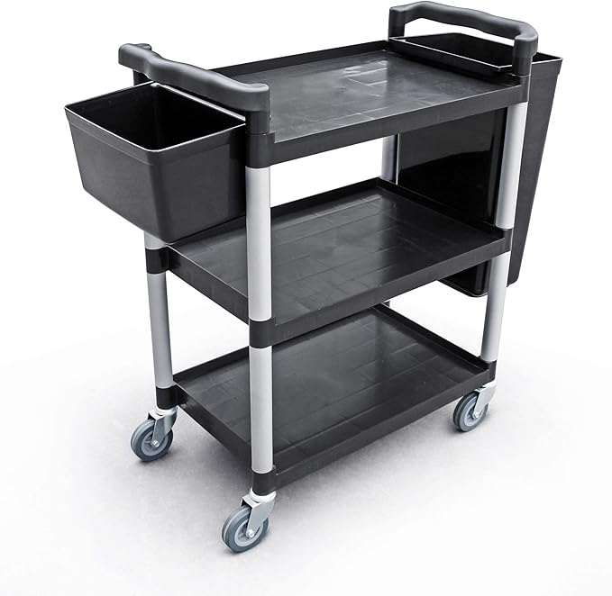 New Star Foodservice 54538 250-Pound Plastic 3-Tier Utility Bus Cart with Locking Casters, 32" x 16" x 38", Black