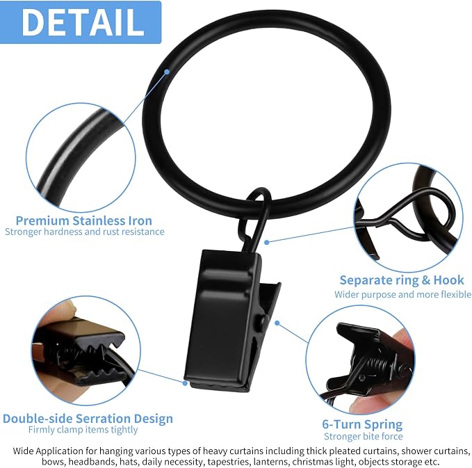 Curtain Rings with Clips, 42 Pack Metal Drapery Rings with Clips Hooks Hangers - Image 4