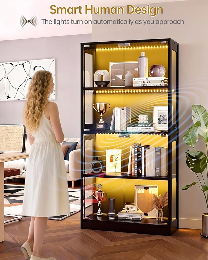 Glass Display Cabinet 2pcs, 65" Tall Display Case with RGB Lights Curio Cabinet with Glass Doors 4-Tier LED Storage Cabinet with Human Body Sensor & Press-To-Open for Collectibles Book Figure(Black)