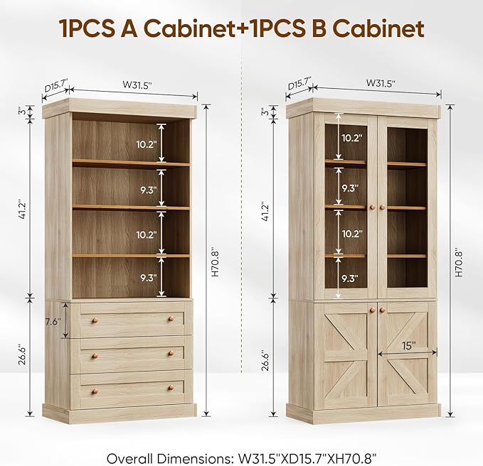 Vyre 71" Tall Farmhouse Kitchen Pantry, Large Storage Cabinets with Glass Doors, Freestanding Wood Hutch Cabinet with 3 Drawers & Adjustable Shelves for Living Room & Dining Room, Set of 4, Brown
