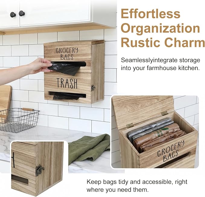 2 in 1 Trash Bag Dispenser, Double Wall Mounted, Wood Trash Bag Holder - Image 3