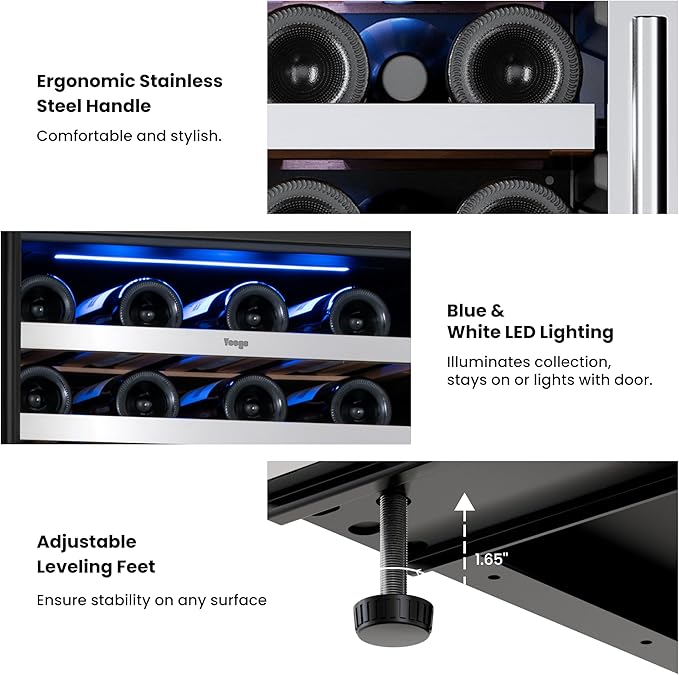 Yeego 24 Inch Wine Fridge Cooler - 89 Bottles Dual Zone Wine Cooler with Glass Door, 40-65℉ Built-In or Freestanding Wine Refrigerator with Lock and 2 Color LED for Kitchen Bar Office (Left-Hinged)