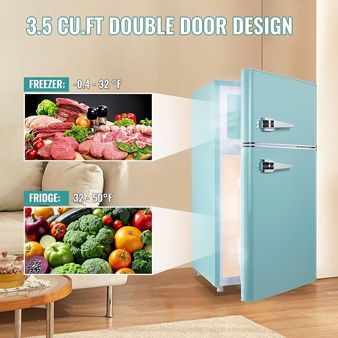 WANAI 3.5 Cu.Ft Mini Fridge with Freezer, Retro Small Refrigerator with 2 Handles, 7 Settings Temperature Adjustable, 2 Door Refrigerator for Office, Dorm, Bedroom, Apartment, Blue