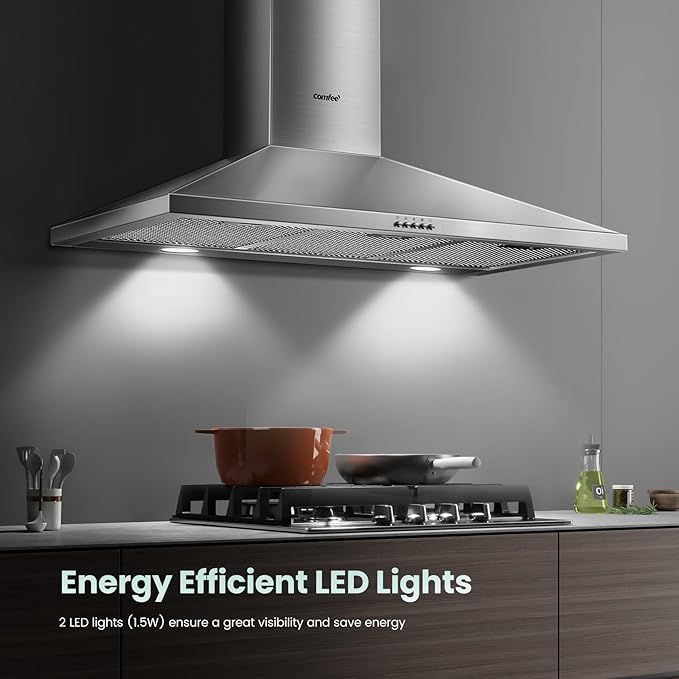 COMEEE' CVP36W6AST 36 Inch Ducted Pyramid Range 450 CFM Stainless Steel Wall Mount Vent Hood with 3 Speed Exhaust Fan, 5-Layer Aluminum Permanent Filters, Two LED Lights, Convertible to Ductless