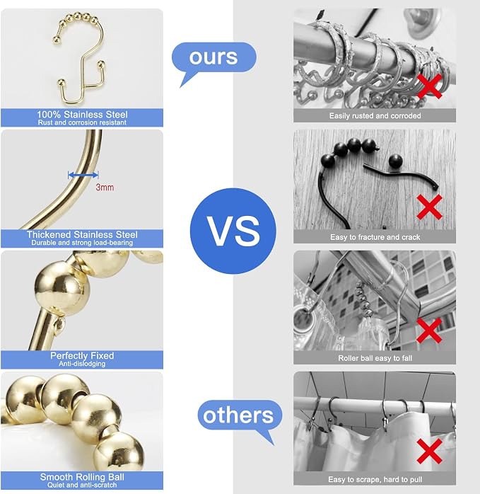 Shower Curtain Rings, SUTINE Shower Curtain Hooks, Stainless Steel Gold Shower - Image 6