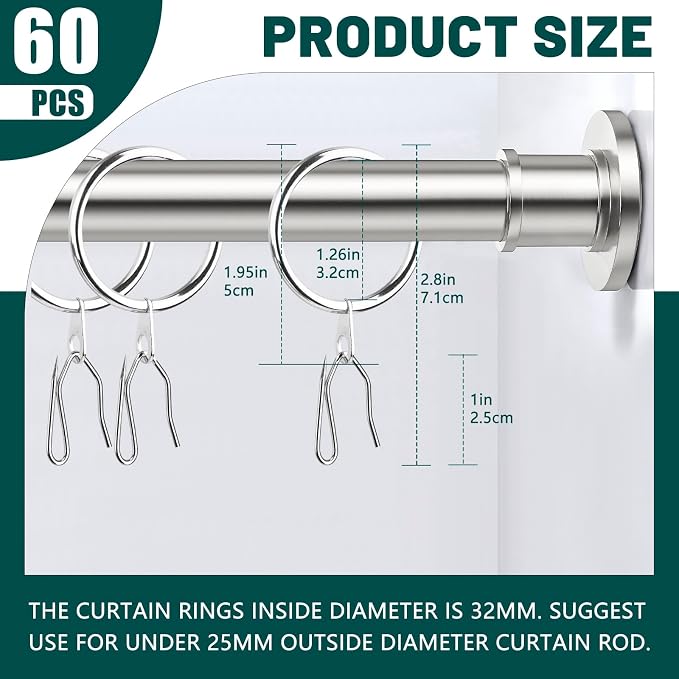 60Pcs 32mm Internal Diameter Curtain Rings and Curtain Drapery Pin Hooks | - Image 2
