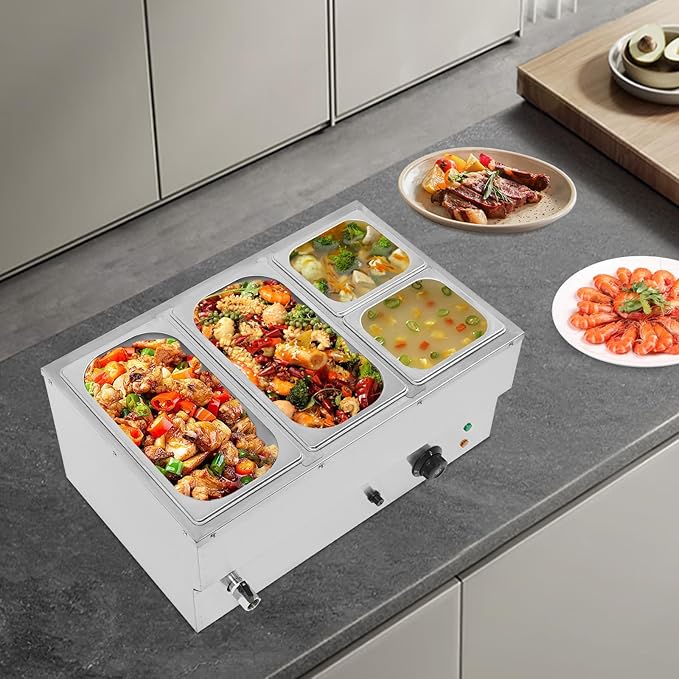 Commercial Food Warmer Stainless Steel Bain Marie Buffet Food Warmer Steam Table Electric Countertop Steam Table Container with 86-185°F Temp Control for Catering Restaurants (4 Pans)