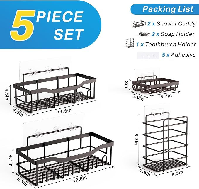 5-Pack Shower Caddy, No Drill Adhesive Shower Organizer, Rustproof Stainless - Image 7