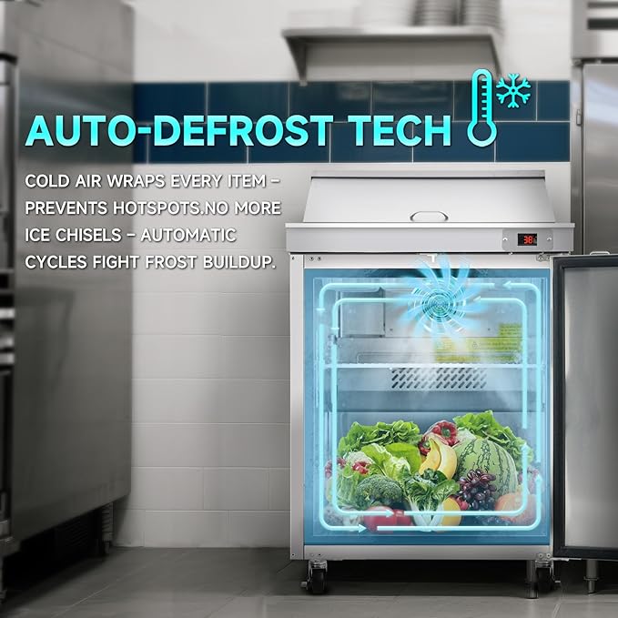 29"W Commercial Sandwich Prep Table Refrigerator - Stainless Steel Door with 8 Pans, 8 Cu.Ft Capacity, Auto Defrost, Digital Temperature Control for Restaurants, Delis, Catering & Convenience Stores