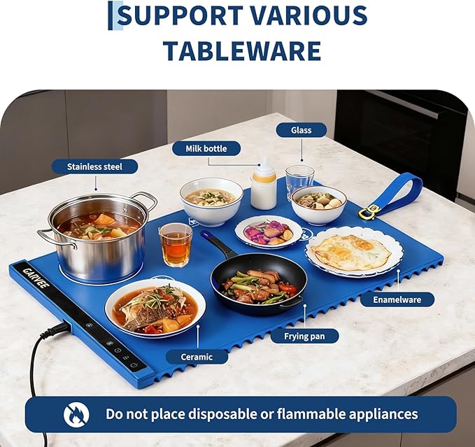 Garvee Electric Food Warming Mat for Countertop, 24x15 in, Dual Zone Control, Portable Silicone Food Warmer Pad Tray with Timer & 6 Temp Levels for Buffet Party, Easy to Clean, Blue