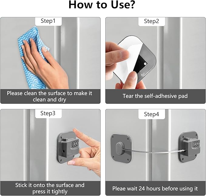 Refrigerator Lock, Heavy Duty Fridge Lock, Combination Lock for Refrigerator Cabinets, Drawers, Safety, Easy Install No Keys Needed (Grey-4Pack)
