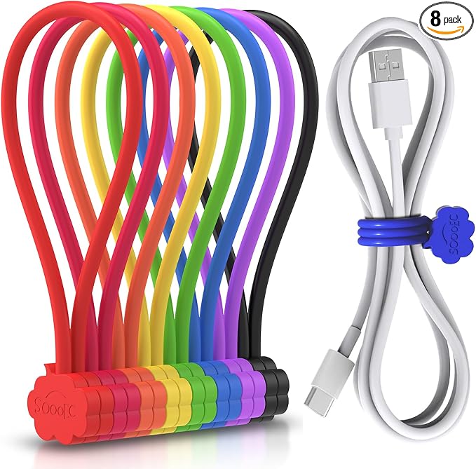 SOOOEC Magnetic Cable Ties 8 Pack, Cute Cloud 7.2" Silicone 8 Colors | Strong by SOOOEC