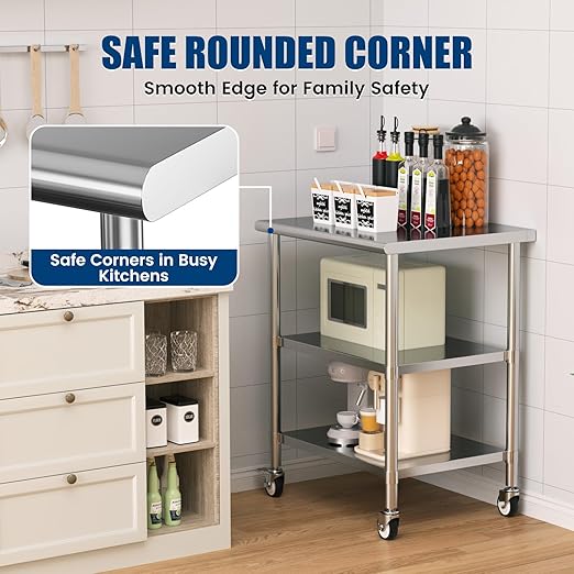 Stainless Steel Work Table with Wheels, 24x30 Inch NSF Kitchen Prep Table with 2 Adjustable Undershelves for Commercial Restaurant, Garage, Outdoor BBQ