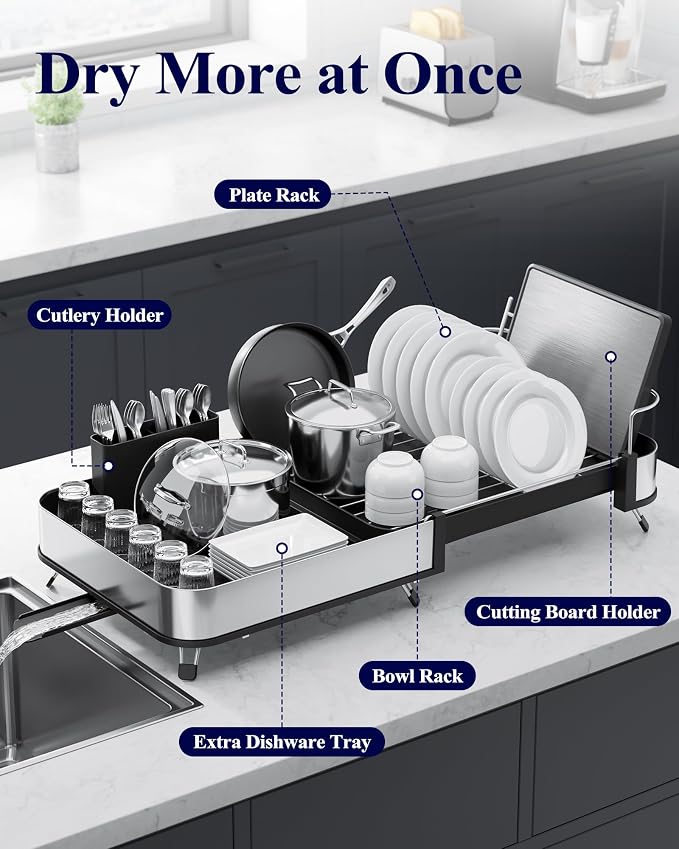 Kitsure Expandable Metal Dish Drying Rack, 16.1-26.6" L x 12.6" W, Auto-Drain - Image 2