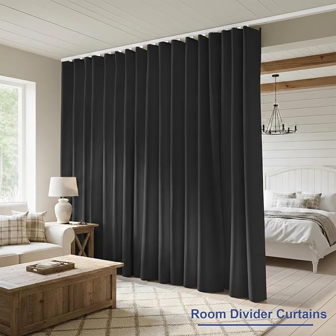 Room Divider Blackout Curtain Track Curtains Wall Dividers Panels Screen for Living Rooms Bedroom Office Privacy Partition Separation, W100 × L120 Inch,1 Panel, Black