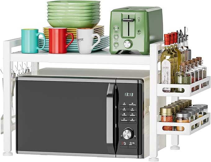 Over the Microwave Shelf - Adjustable Countertop Stand 2 Tier Rack (L15.723.6" xW12.8 xH17.7) with Spice Organizer and 6 Hooks for Kitchen White