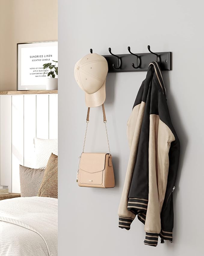 SONGMICS Wall-Mounted Coat Rack, Hook Rack, 4 Dual Metal Hooks, in the Entryway - Image 3