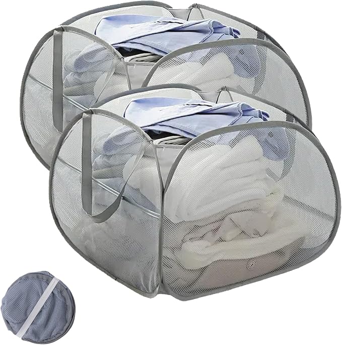 Collapsible Laundry Basket 90L, Mesh Pop-up Hamper, Side Storage Pocket by LUANMEET