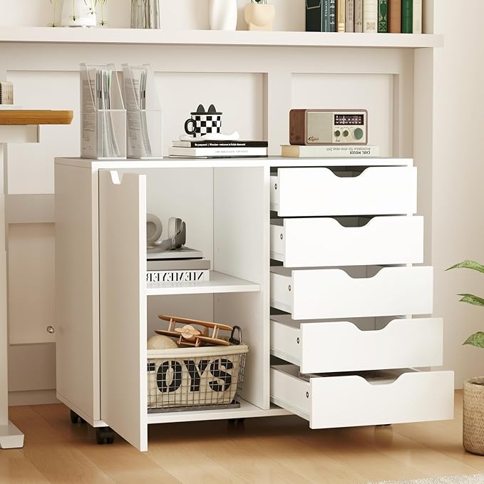 File Cabinet, White Filing Cabinet w/Universal Wheels, Printer Stand w/Door & Storage Drawers, Rolling File Cart for Home Office, Living Dining Room, Bedroom (White, 5 Drawers & 1 Door)