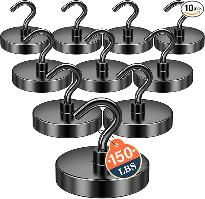FINDMAG 10 Pack Black Magnet Hooks, 150LB+ Magnetic Hooks by FINDMAG