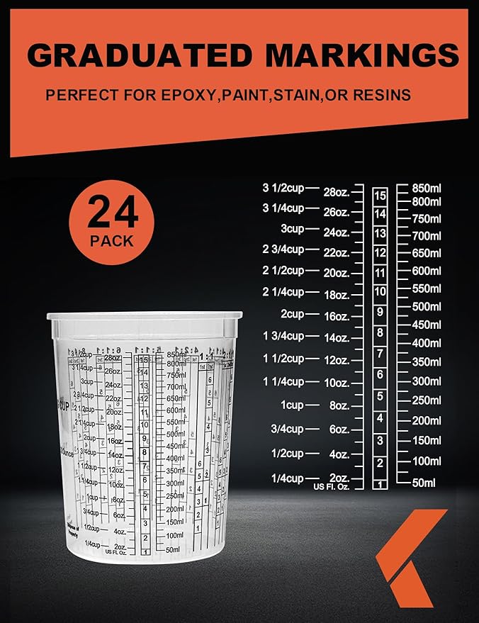 32 OZ Paint Mixing Cups Disposable Flexible Clear Graduated Plastic Measuring Cups Box of 24 Cups & 4 Lids Use for Automotive Painting, Epoxy Resin, Acrylic Arts, Kitchen - Mixing Ratios