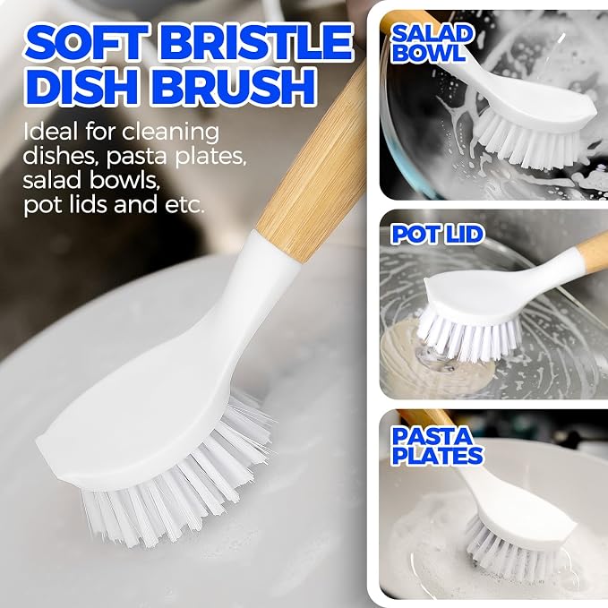 Holikme 3 Pack Dish Brush with Bamboo Handle Cleaning Brush, Pans and Vegetables - Image 2