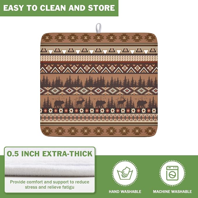 Giwawa Rustic Bear Deer Dish Drying Mat Boho Ethnic Drainer Rack Pad 16x18 Inch - Image 5