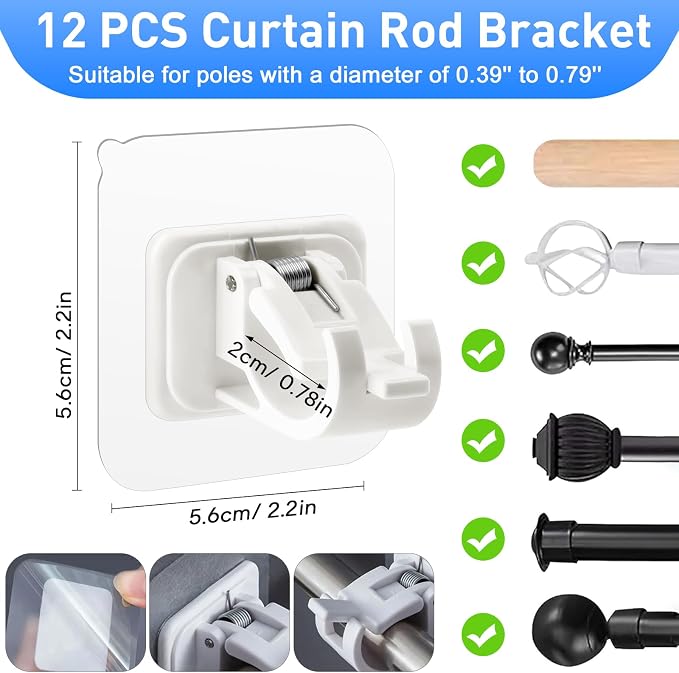 12 Pack Self Adhesive Curtain Rod Holder, No Drill Curtain Rod Brackets - Image 2