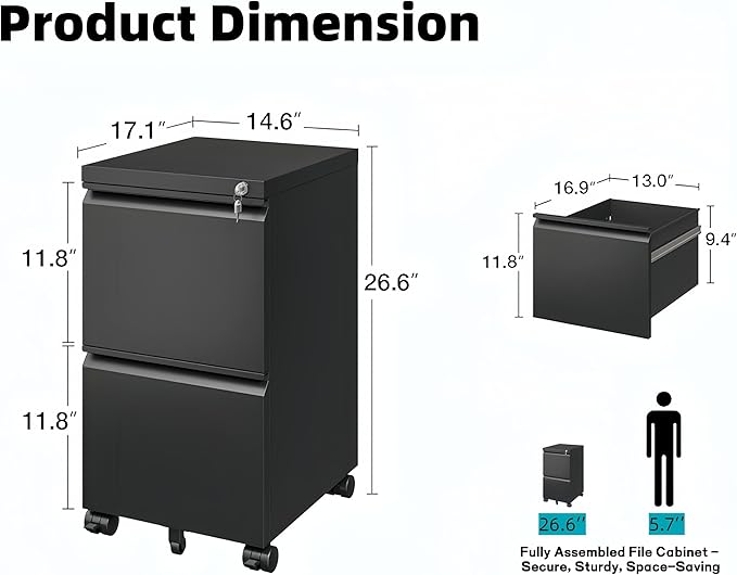 2 Drawer File Cabinet, Fully Assembled Locking Full Steel Filing Cabinet, 150LBS Capacity, Quiet Slides, Anti-Tipping Wheels, Fits A4/Letter/Legal, for Home Office, Matte Black