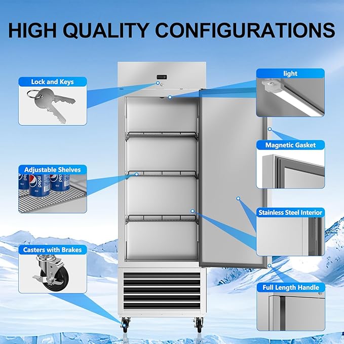 27" W Commercial Freezer, 21 Cu.ft Stainless Steel Reach-in Upright Freezer with Single Solid Door and 3 Adjustable Shelves for Restaurant, Commercial Kitchen, ETL Approved