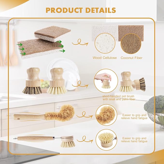 DEBETOOL 6-Piece Bamboo Dish Brush Set - Image 4