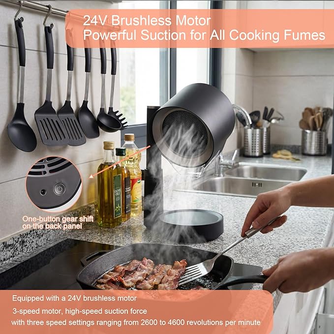 Portable Range Hood - 3-Speed Tabletop Kitchen Exhaust Fan with Removable Aluminum & Triple Polymer Filters, Adjustable Height, Low Noise & Oil Cup for RV, Camping, Indoor Grilling & Hot Pot