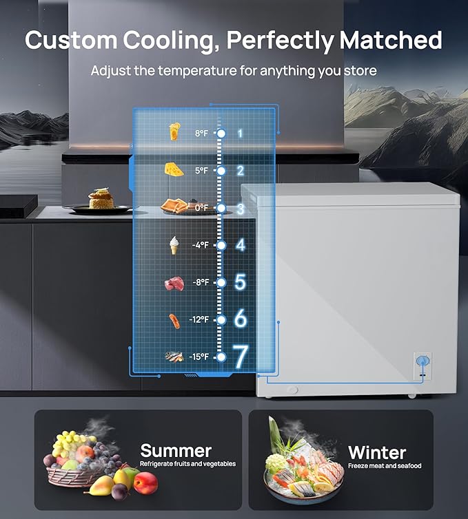 12 Cu.Ft Chest Freezer, Small Compact Deep Freezer with Adjustable 7 Thermostat, 2 Removable Baskets, Energy Saving, Quiet Top Open Door Mini Meat Freezer with LED Light for Garage Outdoor Home Office