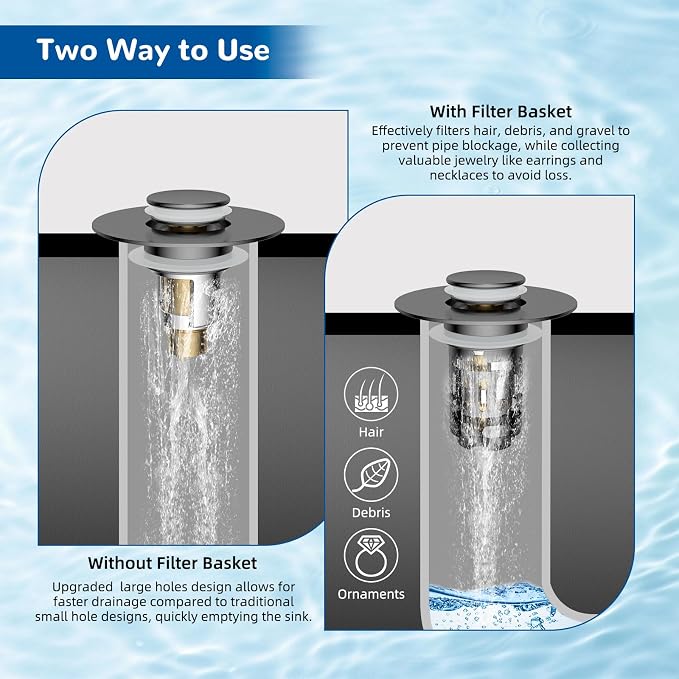 Hibbent Upgraded 3 in 1 Bathroom Sink Drain Strainer, Pop Up Stopper | - Image 3