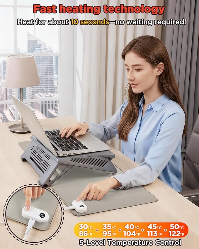 Resen Heated Desk Pad, 31.5x13 Fast Heating Mouse Pad with 5 Temperature Settings, Digital Display, Auto Shut-Off, PVC Leather Surface for Office and Home Use, Energy Efficient & Safe (Grey)