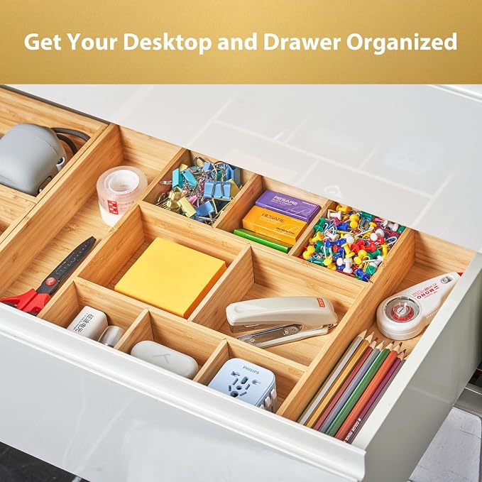 Extra Large Bamboo Desk Drawer Organizer, Wood Junk Organizer Tray - Image 3