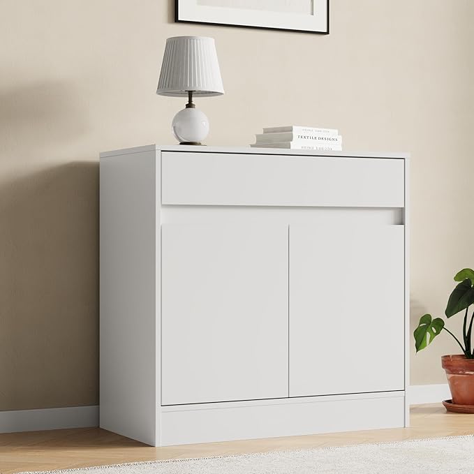 Buffet Cabinet with 2 Doors and Drawer, Coffee Bar Cabinet with Adjustable Shelf, Modern Kitchen Buffet Sideboard for Living Room, Kitchen, White