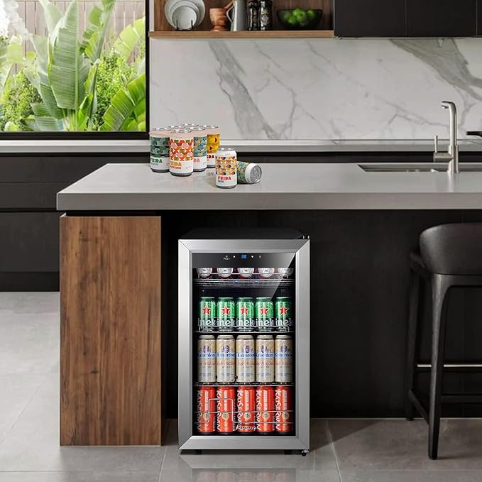Kalamera Mini Beverage Refrigerator Cooler- 102 Cans Capacity Freestanding- For Kitchen or Bar with White Interior Light