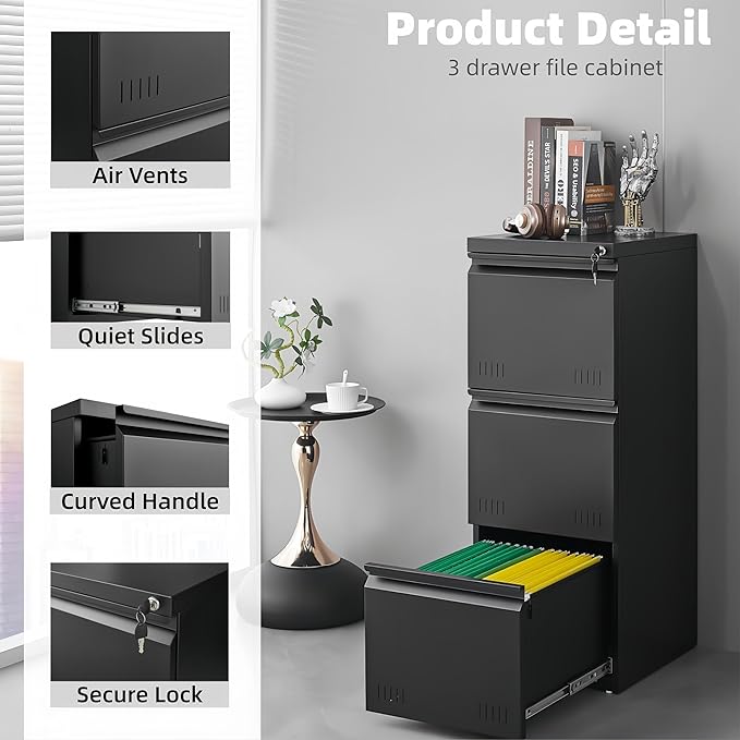 Vertical 3 Drawer File Cabient with Lock, Metal Filing Cabinets for Home Office, Heavty Duty Office Storage Cabinet for A4/Letter/Legal (Matte Black)