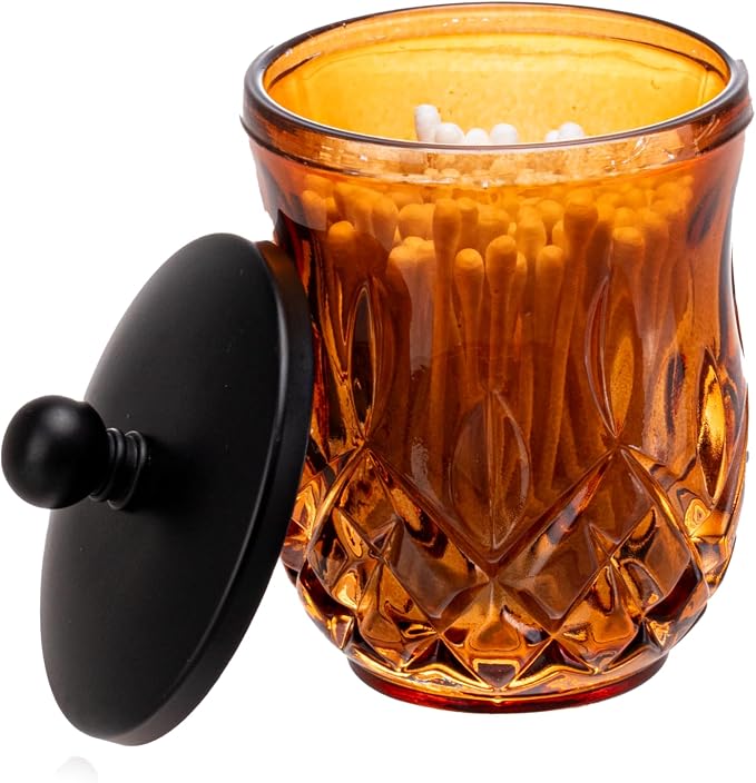 10Oz Amber Q-Tip Holder, Round Thick Glass & Zinc Alloy Lid by ZIVQEXMURL