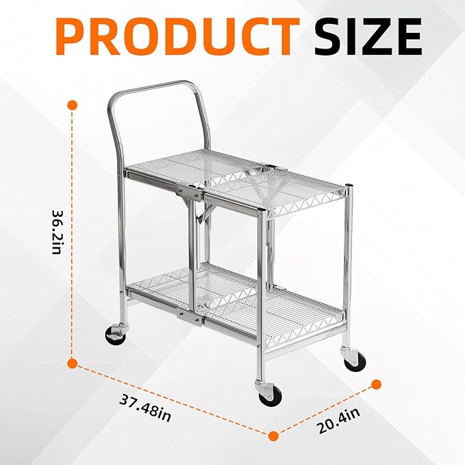 Collapsible 2 Shelf Wire Cart, Heavy Duty Collapsible Wire Rolling Utility Cart with Locking Brakes, 500lb Capacity, Folds Up for Storage, Chrome, 37.5" x 20.4" W x 36.2" H