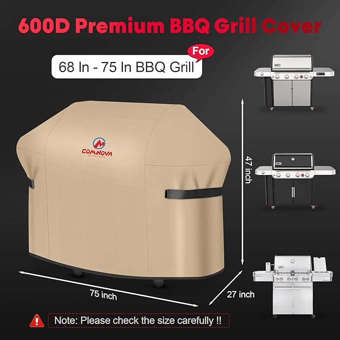 Comnova Grill Cover 75 Inch - 600D BBQ Cover for Outdoor Grill Waterproof & Heavy Duty, Large Barbecue Gas Grill Covers for Weber, Char-Broil, Nexgrill, Monument, Dyna-glo, Brinkmann and More
