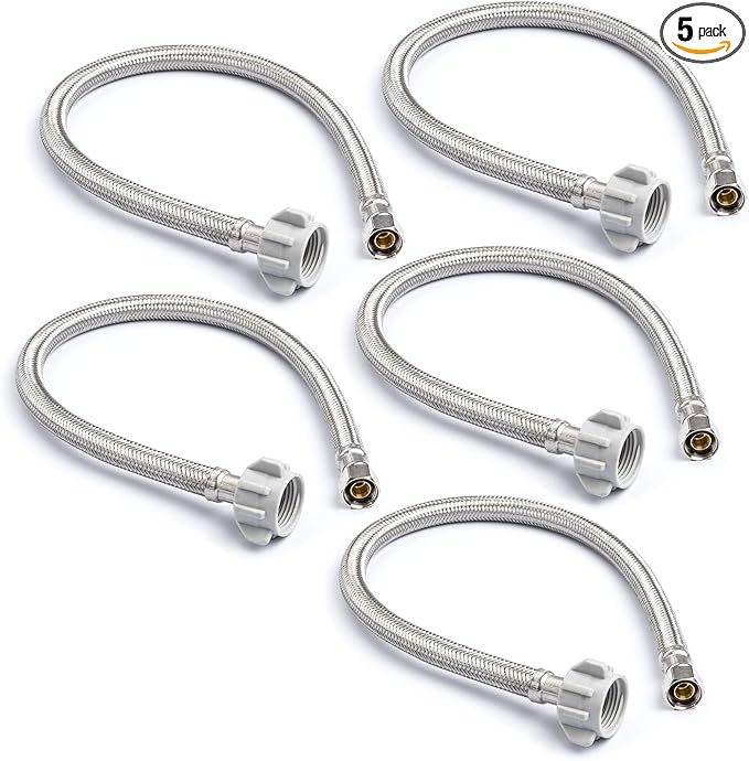Stainless Steel Braided Water Connectors with Reinforced PVC Inner Hose for Toilets, 3/8" Compression x 7/8" Ballcock, 16" Length (5Pack)