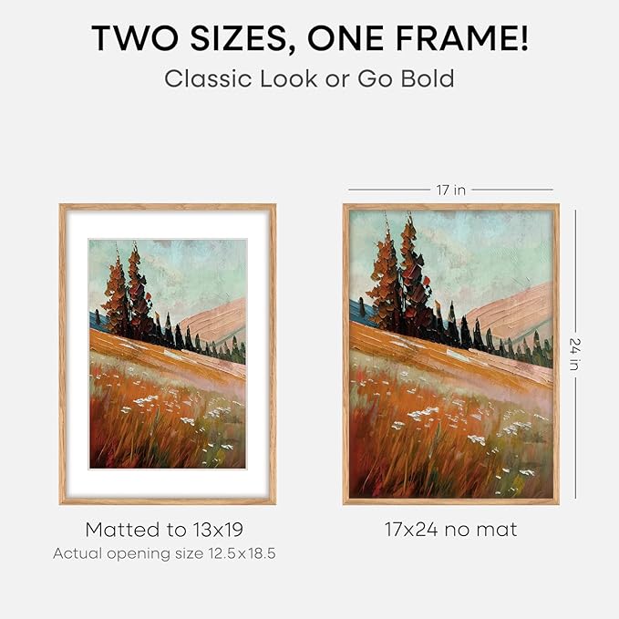 Homeforia 17x24 Picture Frame Natural Wood, High End Oak 17x24 Light Wooden Poster Frame with Mat 13x19, 17 x 24 Frames Matted to 13 x 19 Photo, 24x17 Hanging Frame, Tempered Glass, Wall Kit, Set of 2